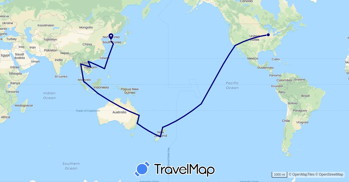 TravelMap itinerary: driving in Australia, France, Indonesia, South Korea, Malaysia, New Zealand, Philippines, Singapore, Thailand, United States, Vietnam (Asia, Europe, North America, Oceania)