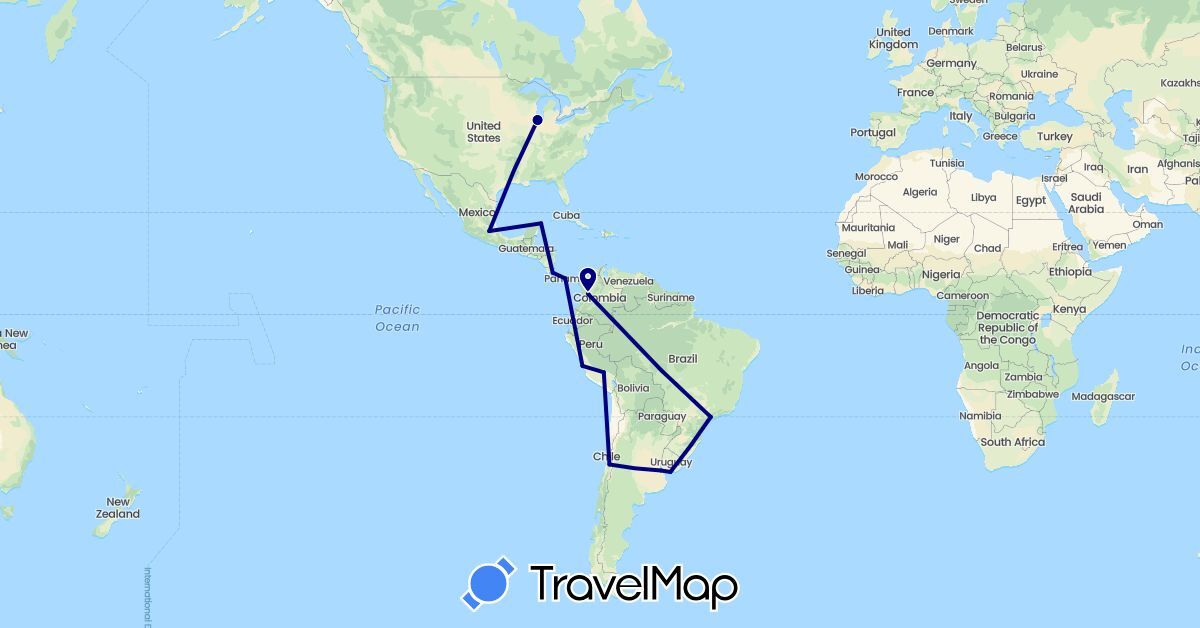 TravelMap itinerary: driving in Argentina, Brazil, Chile, Colombia, Costa Rica, Mexico, Panama, Peru, United States, Uruguay (North America, South America)