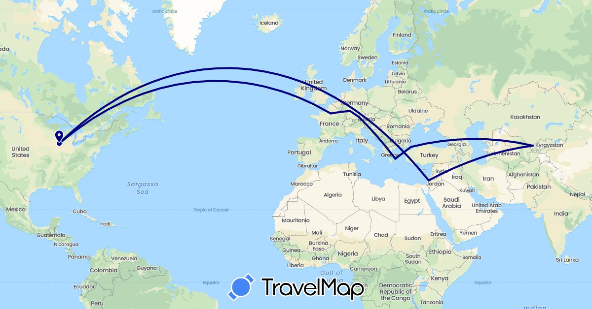 TravelMap itinerary: driving in Germany, France, Greece, Israel, Turkey, United States, Uzbekistan (Asia, Europe, North America)