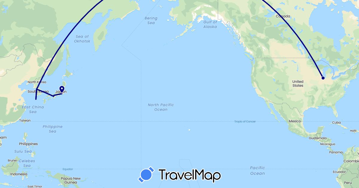 TravelMap itinerary: driving in Japan, South Korea, United States (Asia, North America)