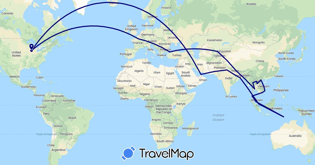 TravelMap itinerary: driving in United Arab Emirates, France, Indonesia, India, Laos, Malaysia, Nepal, Singapore, Thailand, Turkey, United States, Uzbekistan, Vietnam (Asia, Europe, North America)
