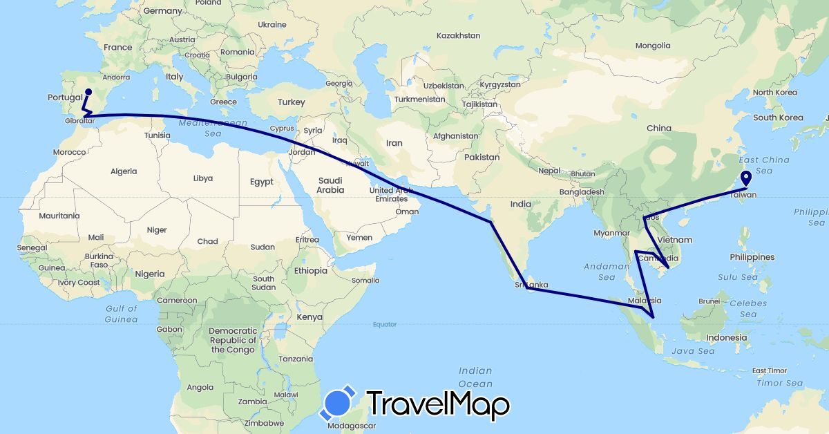 TravelMap itinerary: driving in United Arab Emirates, Spain, India, Cambodia, Laos, Sri Lanka, Malaysia, Singapore, Thailand, Taiwan, Vietnam (Asia, Europe)